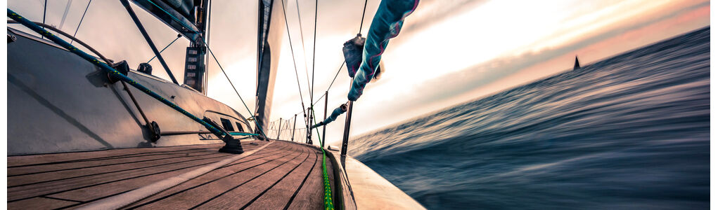 Sailing,Boat,Deck,In,Motion,On,Sunset,,Brown,Shiny,Wooden